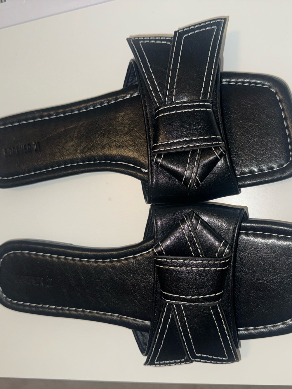 Forever 21 Black Bow Slide Sandals with Contrast White Stitching